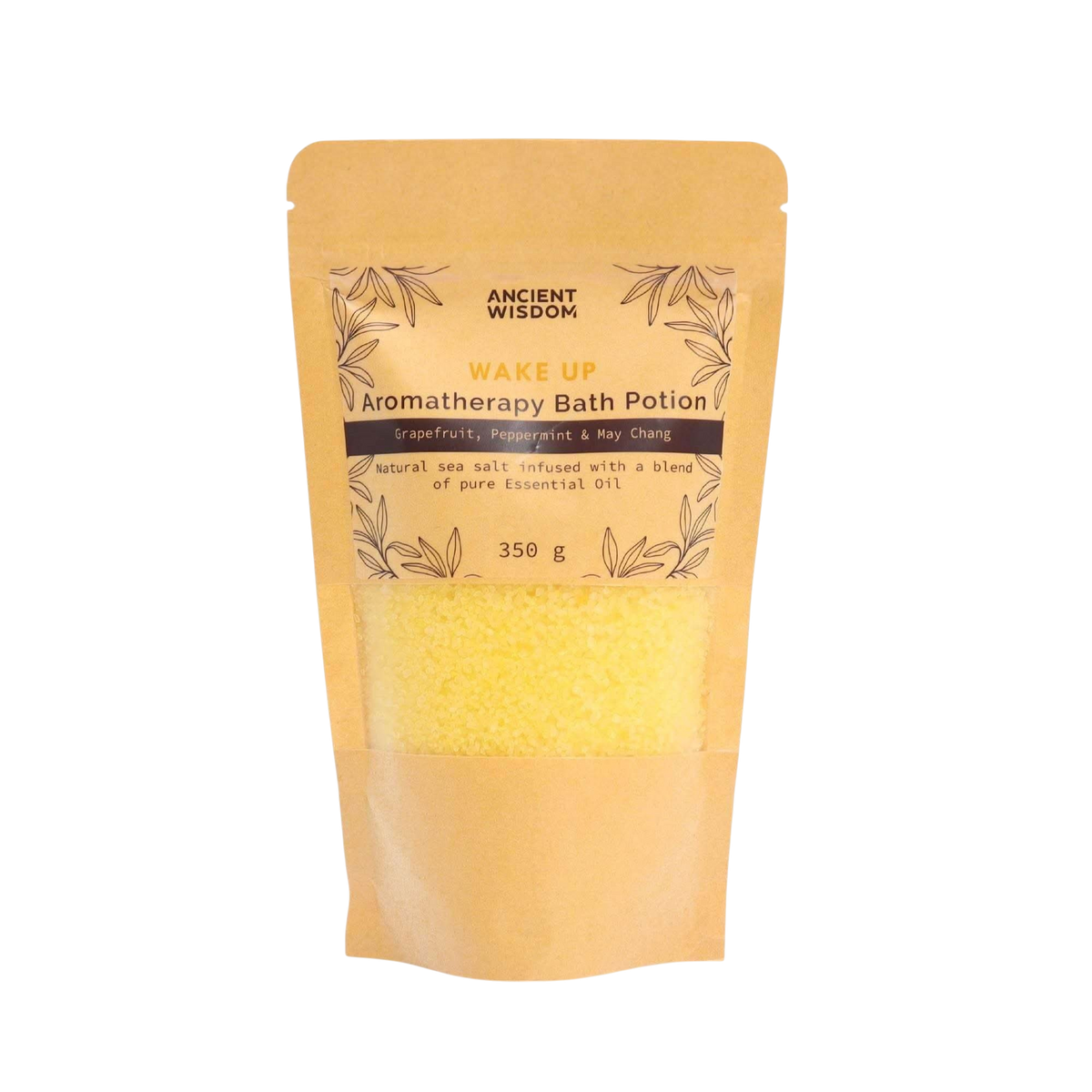 Aromatherapy Bath Potion - Wake Up in a kraft bag containing yellow sea salt infused with grapefruit, peppermint, and may chang essential oils