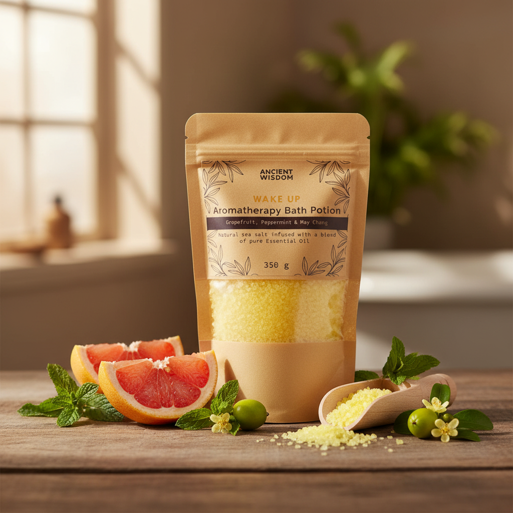 Aromatherapy Bath Potion - Wake Up in a kraft bag with yellow sea salt, grapefruit, mint leaves, and small flowers on wooden surface