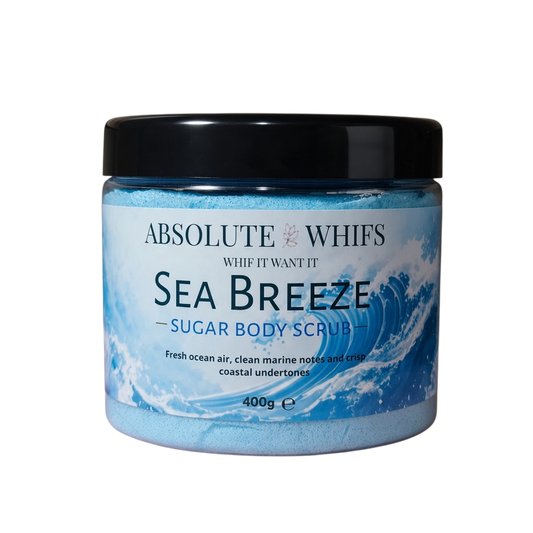 Absolute Whifs Sea Breeze sugar body scrub in a blue jar with ocean wave label design for exfoliating skincare