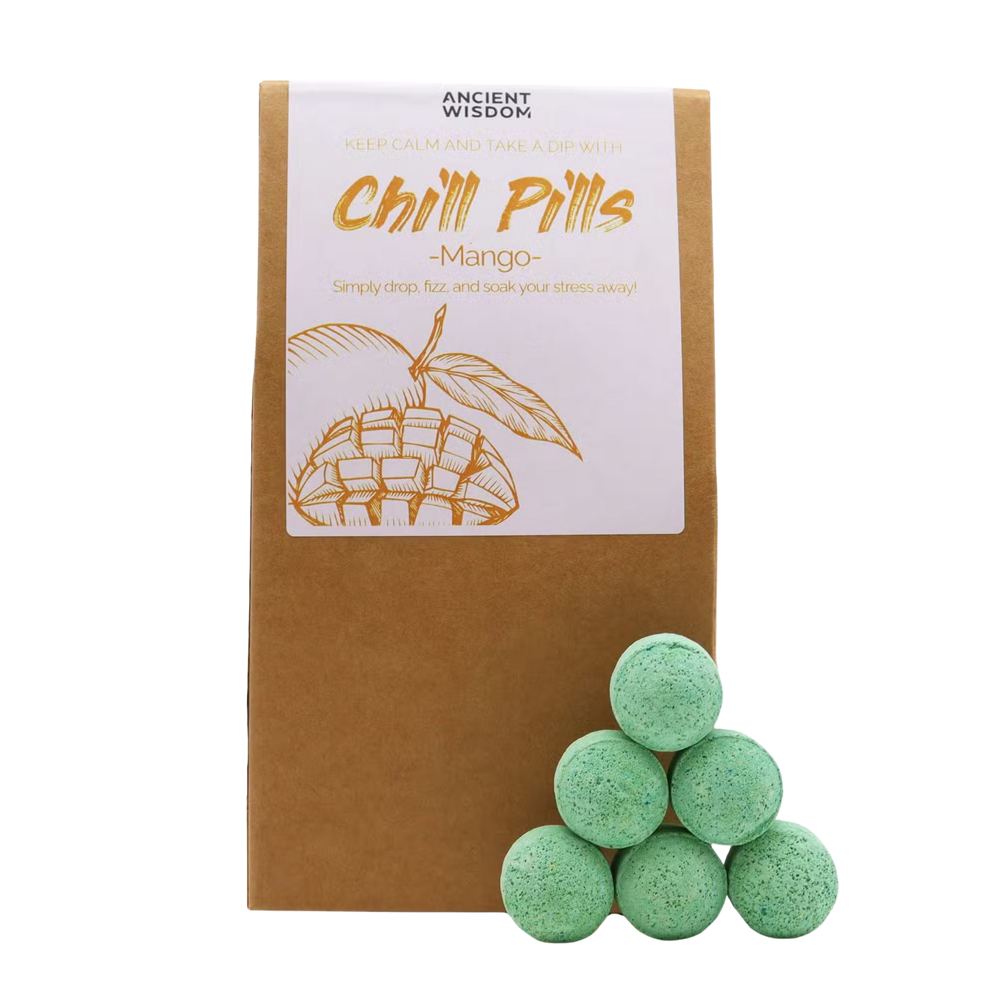 Chill Pills Gift Pack 350g Mango scented bath bombs with tropical fragrance, vegan and cruelty-free packaging