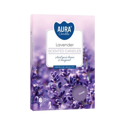 Lavender Set of 6 Scented Tealights - lavender aroma in purple floral packaging