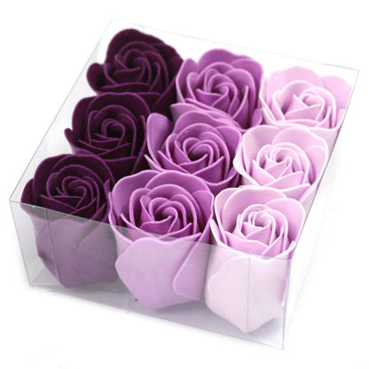 Set of 9 purple and pink soap flower box roses in a clear gift box for bathing and gifting