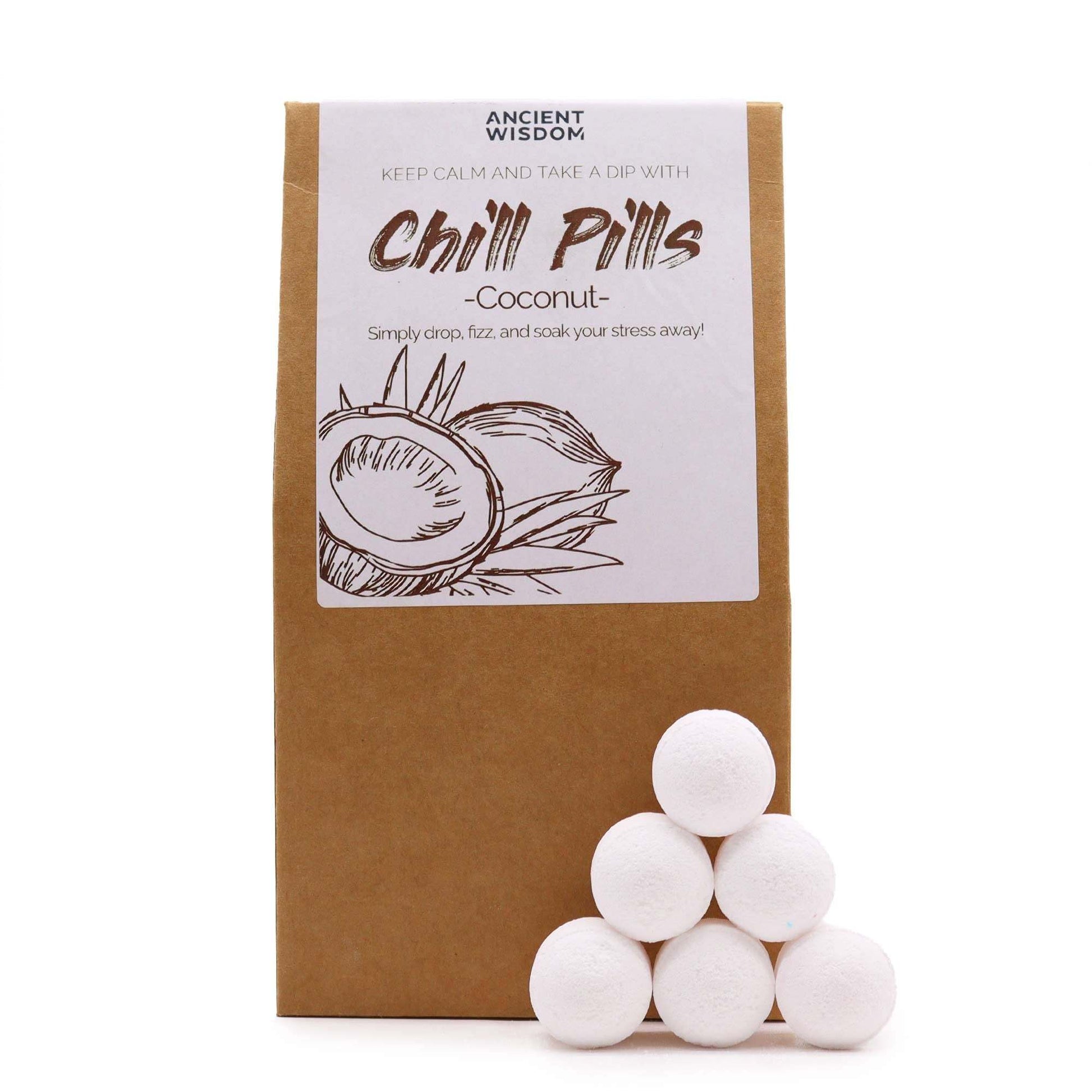 Chill Pills Gift Pack coconut bath bombs with natural fragrance, vegan, cruelty-free, plastic free packaging