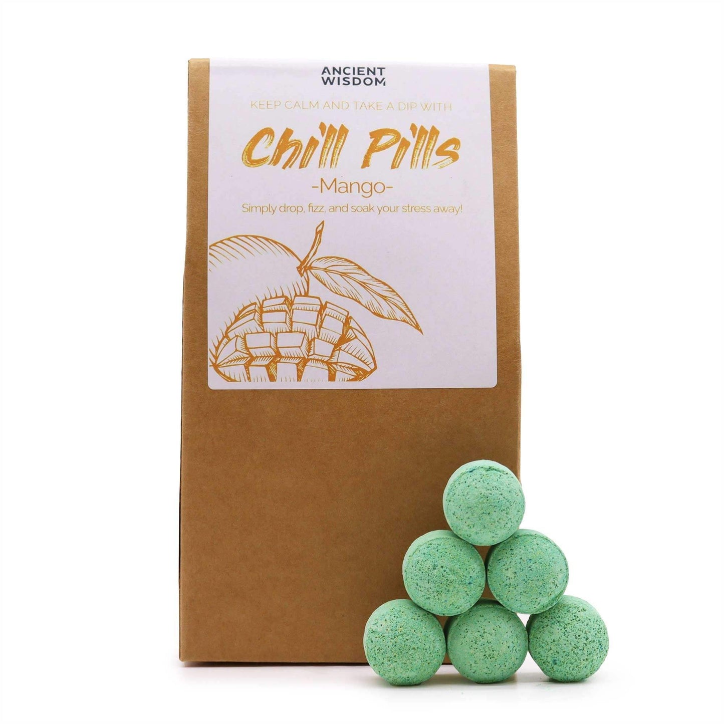 Chill Pills Gift Pack mango scented bath bombs stacked beside brown eco-friendly packaging with mango illustration