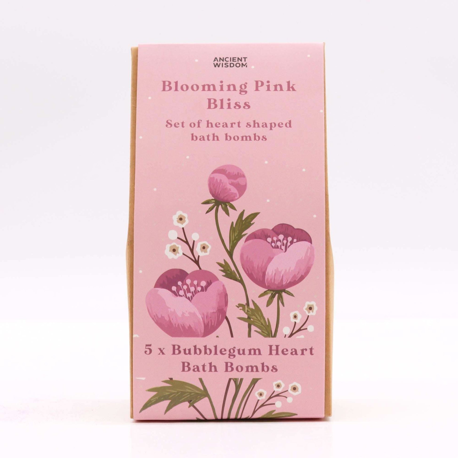 Blooming Pink Bliss bath heart gift set with sweet bubblegum scented heart-shaped bath bombs in a decorative box