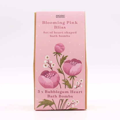 Blooming Pink Bliss bath heart gift set with sweet bubblegum scented heart-shaped bath bombs in a decorative box