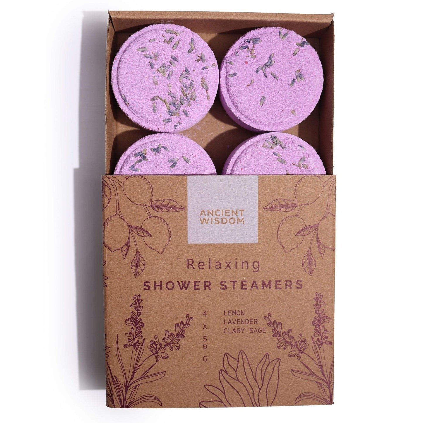 Zen Shower Steamers gift set with natural lavender, lemon, and clary sage essential oils, vegan and cruelty-free, packaged in a brown box