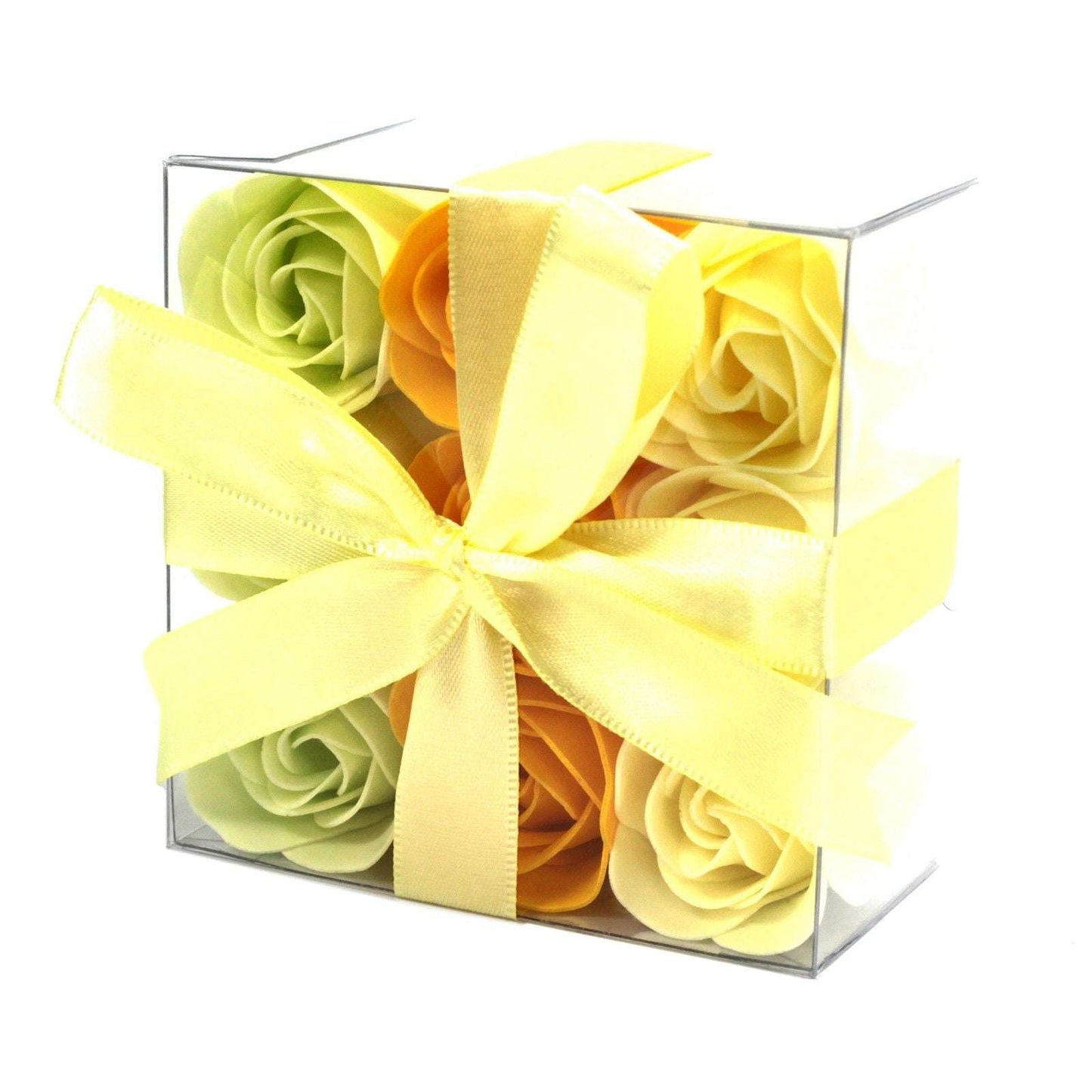 Set of 9 colorful soap flower box roses with yellow ribbon, gift-ready bath soap petals