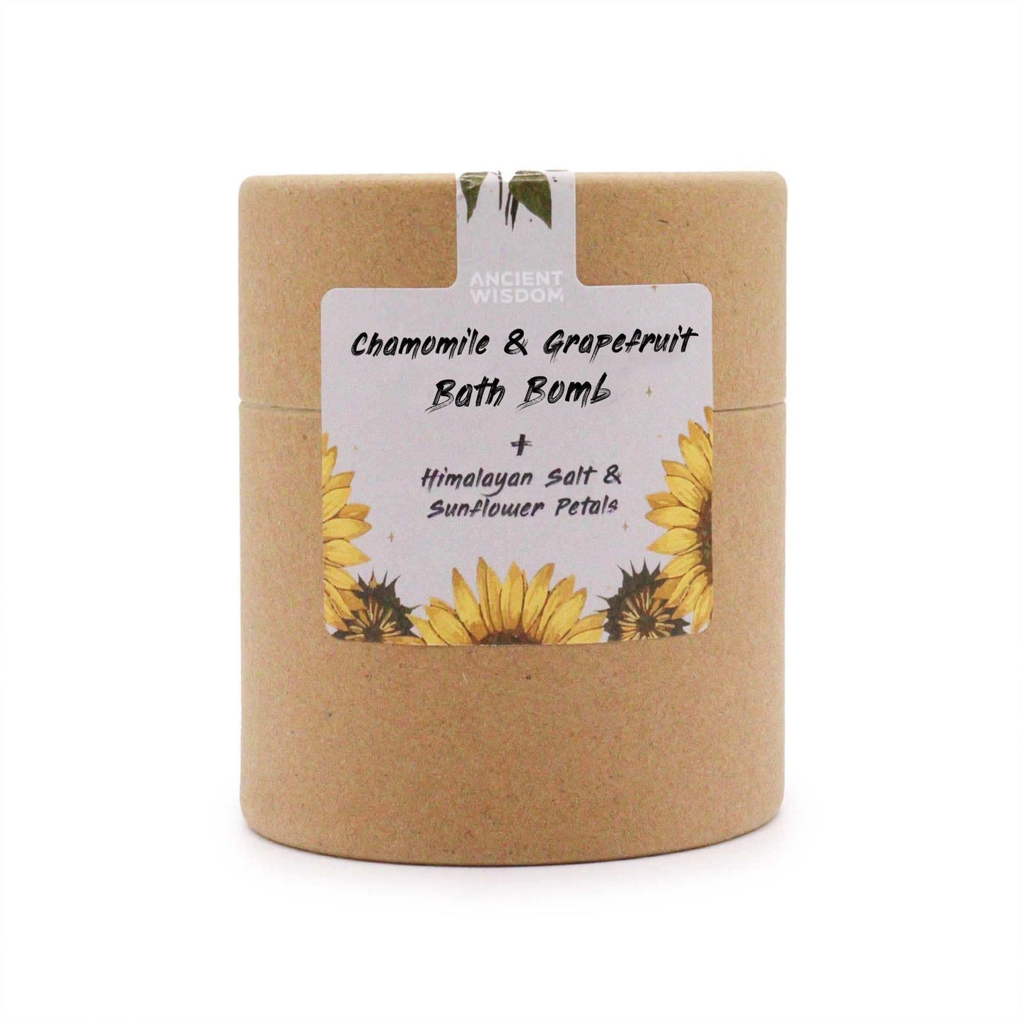 Sunflower Serenity bath bomb with chamomile, grapefruit, Himalayan salt, and sunflower petals in eco-friendly packaging
