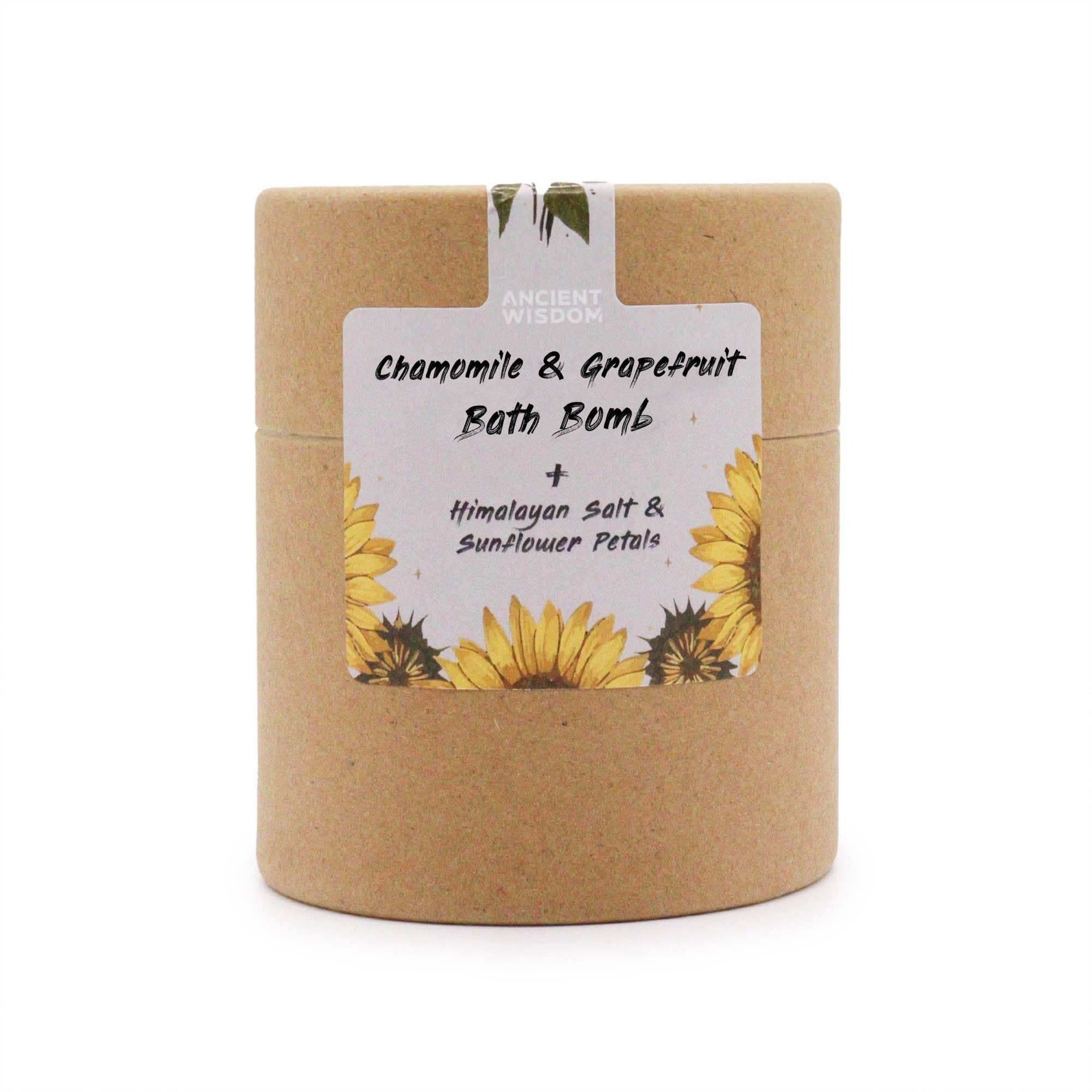 Sunflower Serenity bath bomb with chamomile, grapefruit, Himalayan salt, and sunflower petals in eco-friendly packaging