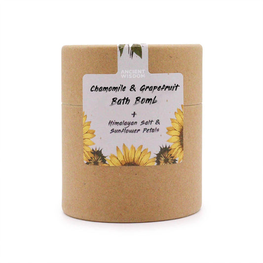 Sunflower Serenity bath bomb with chamomile, grapefruit, Himalayan salt, and sunflower petals in eco-friendly packaging