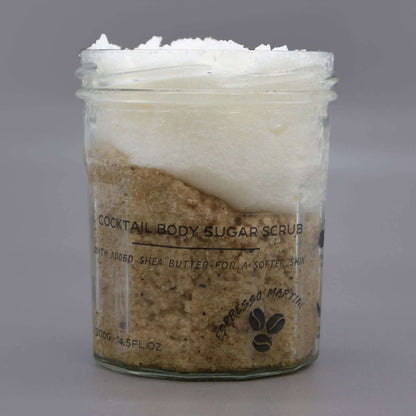 Fragranced sugar body scrub in jar with espresso martini scent and shea butter, 300g