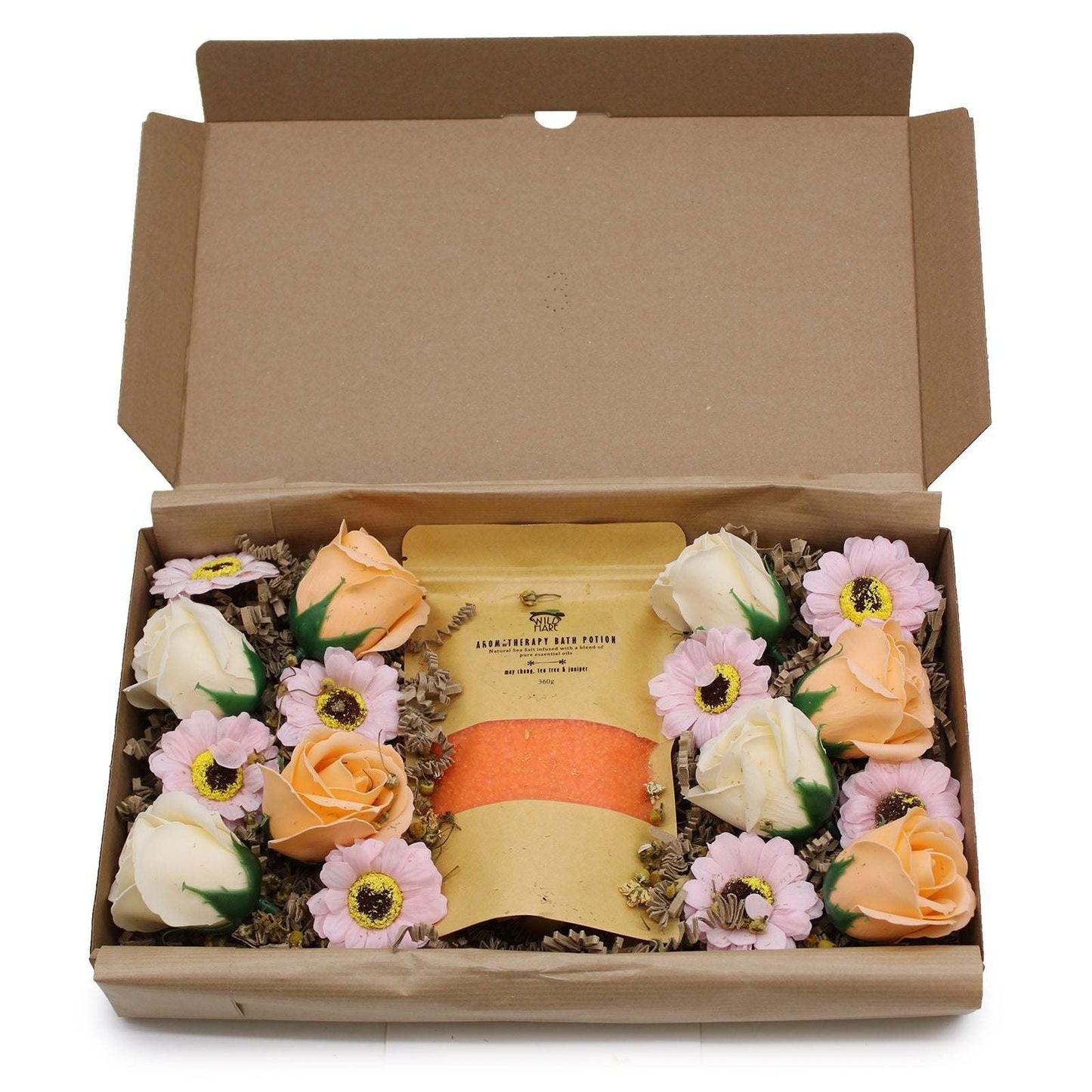 Salt Soak Set with natural salts, essential oils, and flower petals in gift packaging