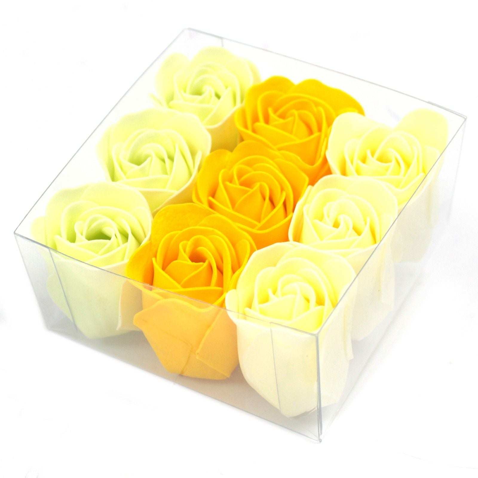 Set of 9 yellow and white soap flower box roses in clear gift packaging