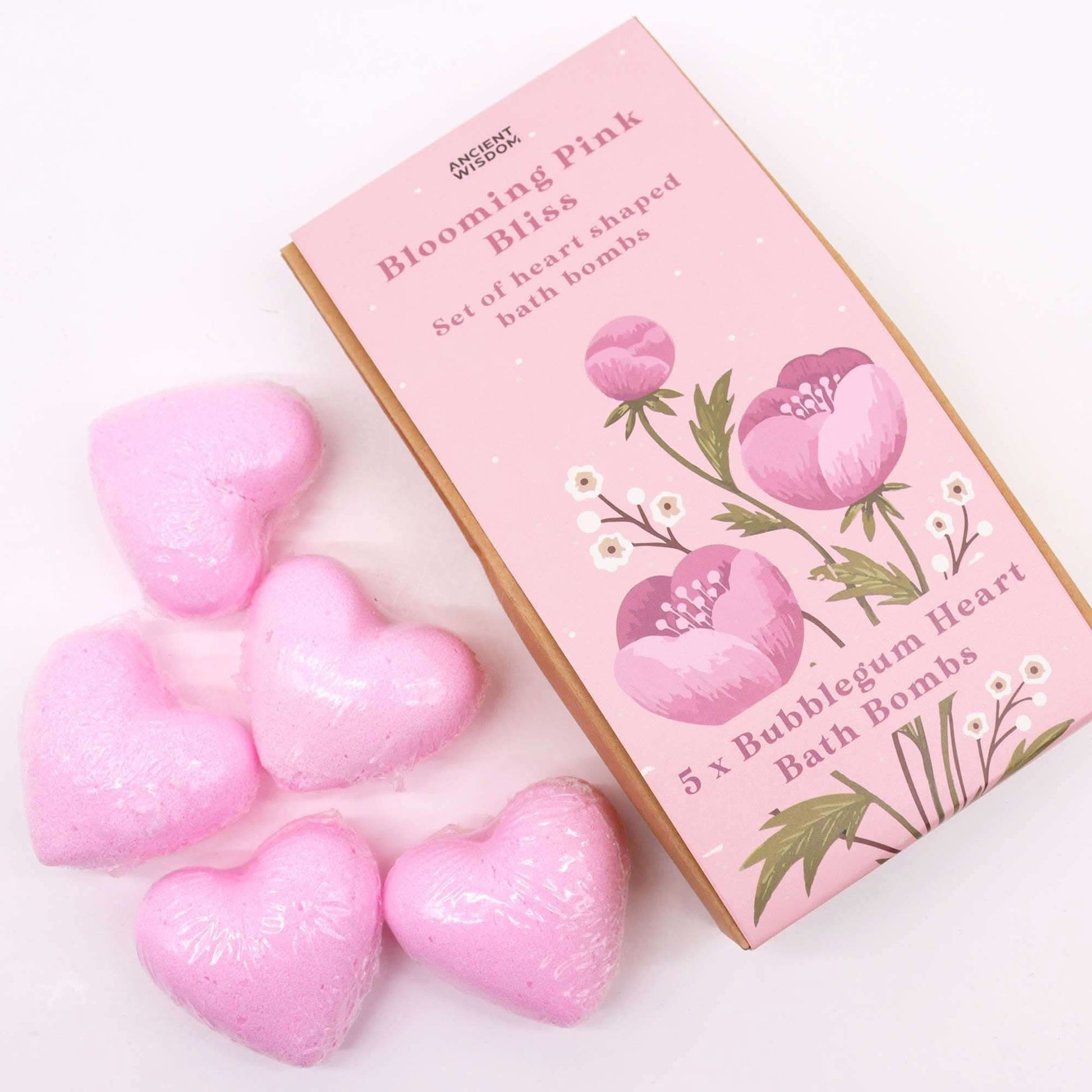 Blooming Pink Bliss bath heart gift set with five pink heart-shaped bath bombs in a decorative box
