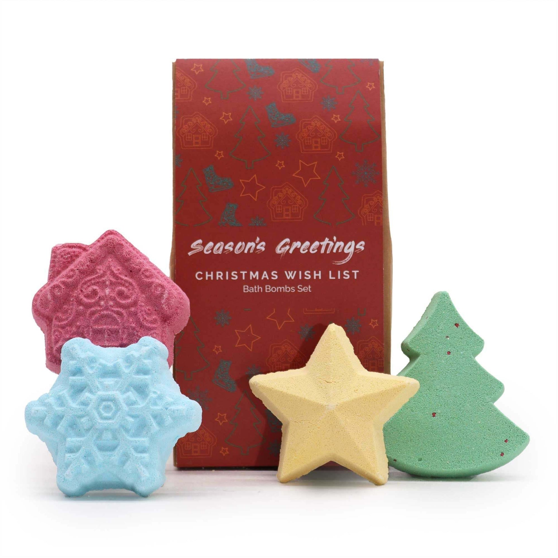 Christmas Bath Bomb Gift Pack with festive snowflake, star, Christmas tree, and gingerbread house bath bombs in decorative holiday packaging
