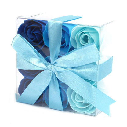 Set of 9 blue soap flower box roses with a light blue ribbon gift packaging