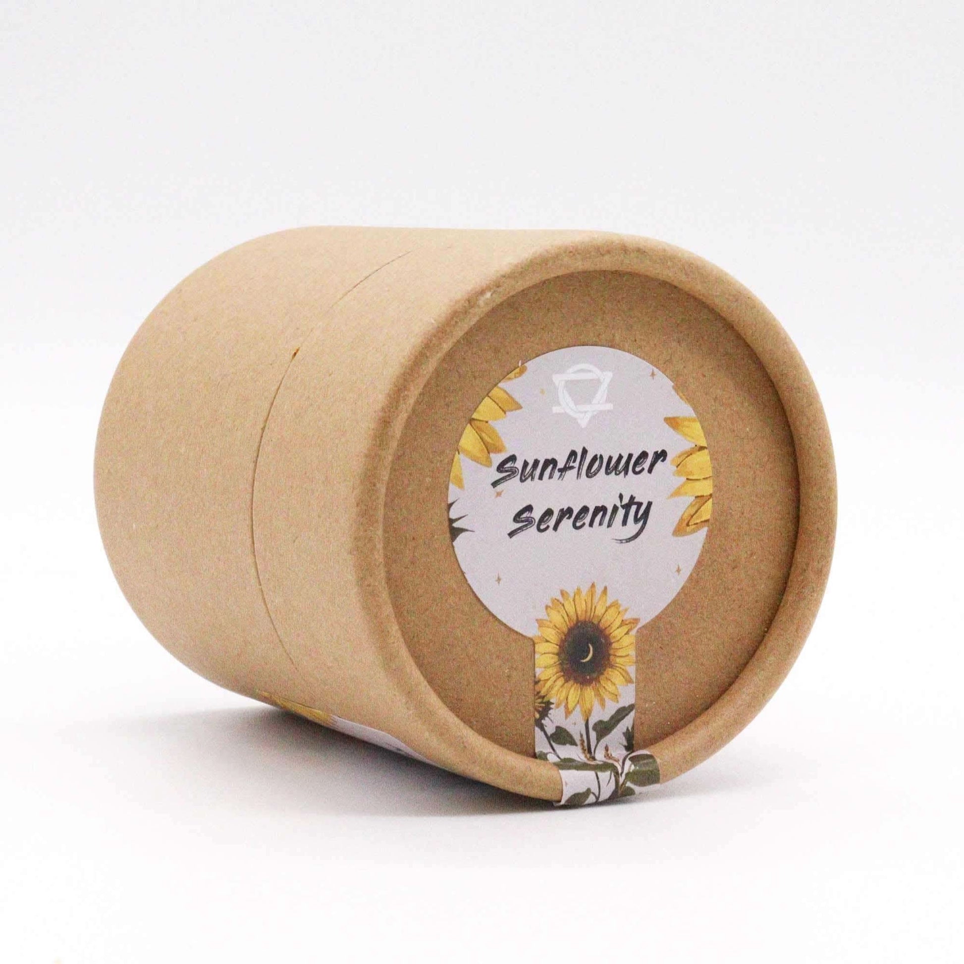 Sunflower Serenity eco-friendly bath collection packaging with sunflower design and natural ingredients label