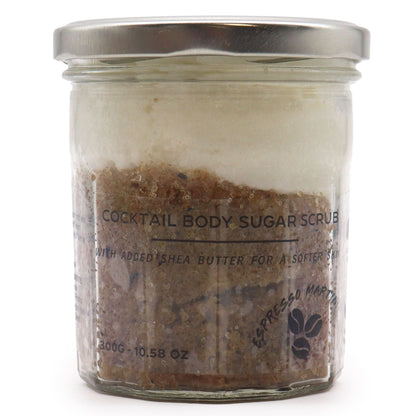 Fragranced sugar body scrub in glass jar with espresso martini scent and shea butter for soft skin 300g
