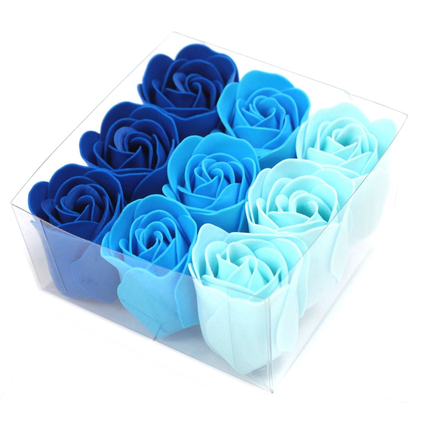 Set of 9 blue soap flower box roses in gradient shades, perfect for bath and gifts