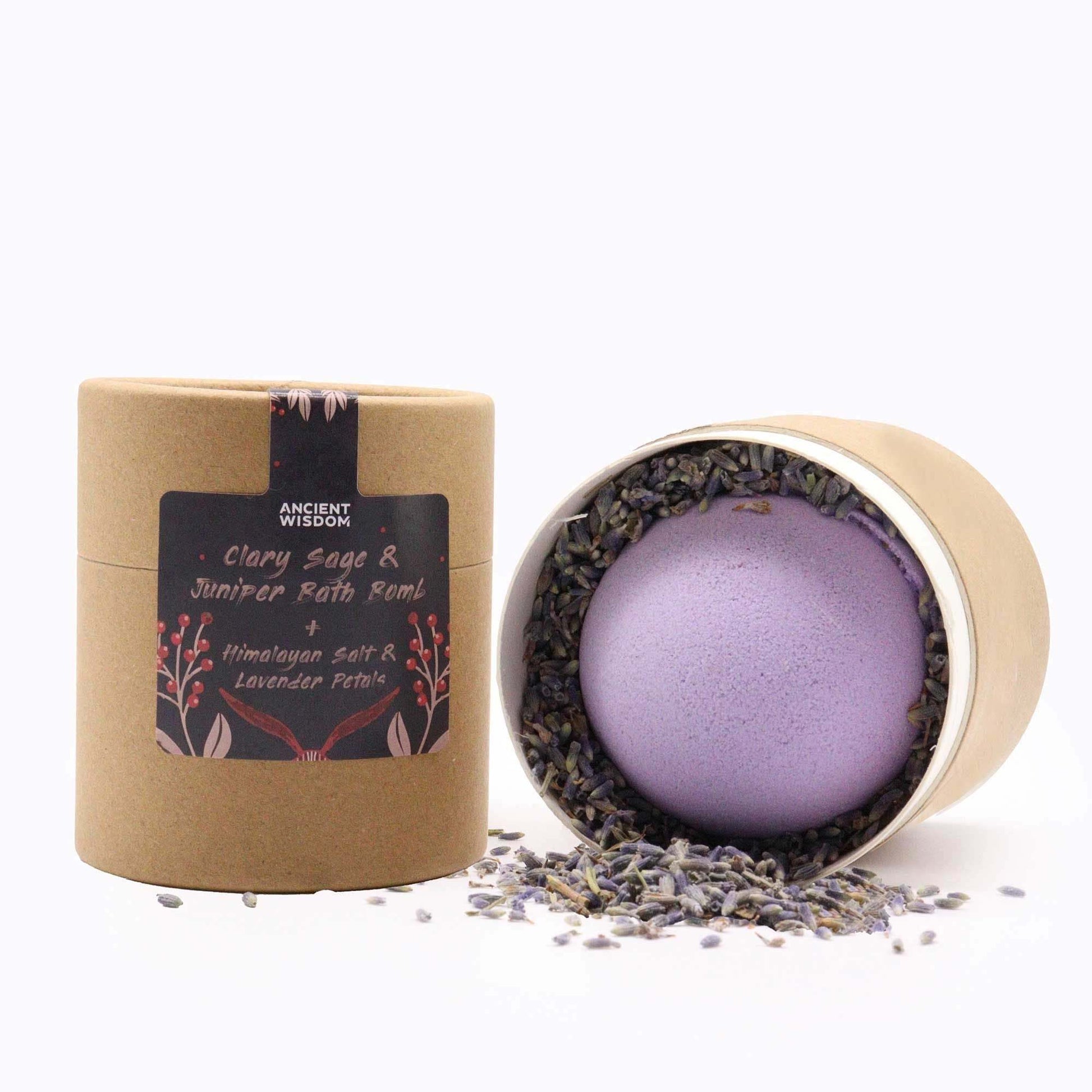 Enchanting Heart Heaven aromatherapy set with Clary Sage Juniper bath bomb, Himalayan salt, and lavender petals in eco-friendly packaging