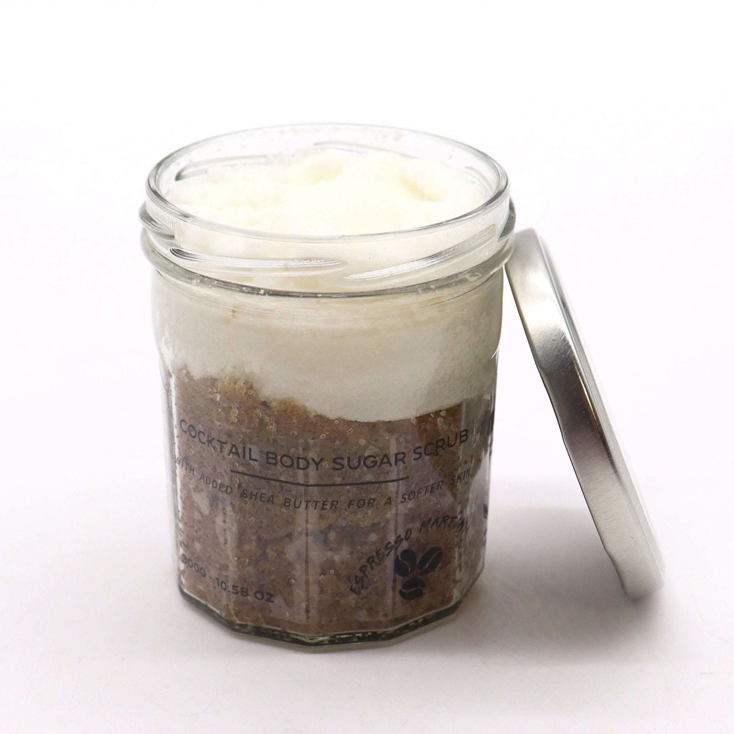 Fragranced Sugar Body Scrub in clear jar with silver lid, Espresso Martini scent, 300g size