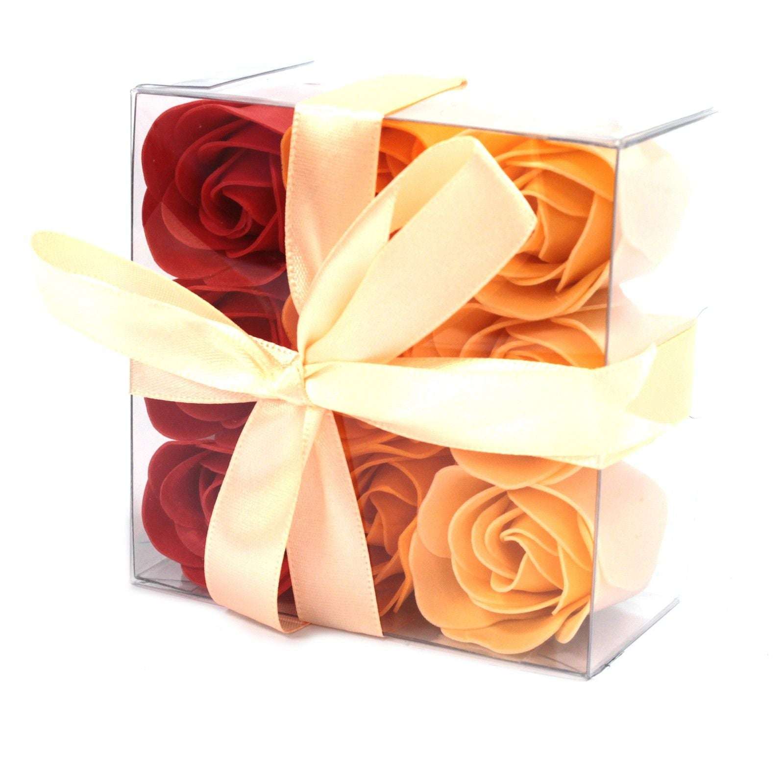 Set of 9 soap flower box roses in red and orange with cream ribbon gift packaging