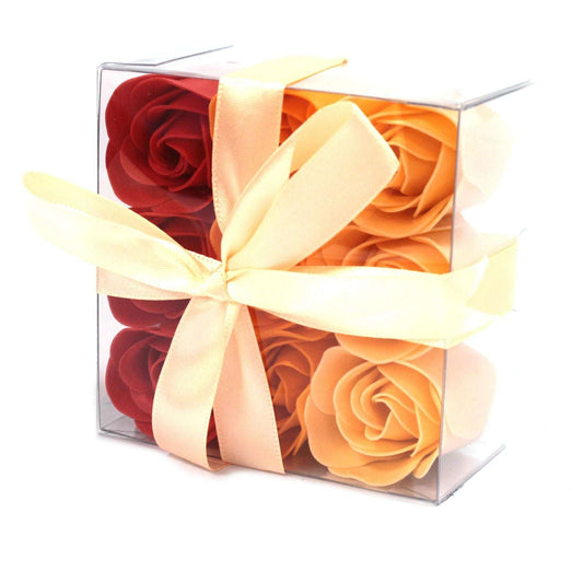 Set of 9 soap flower box roses in red and orange with cream ribbon gift packaging
