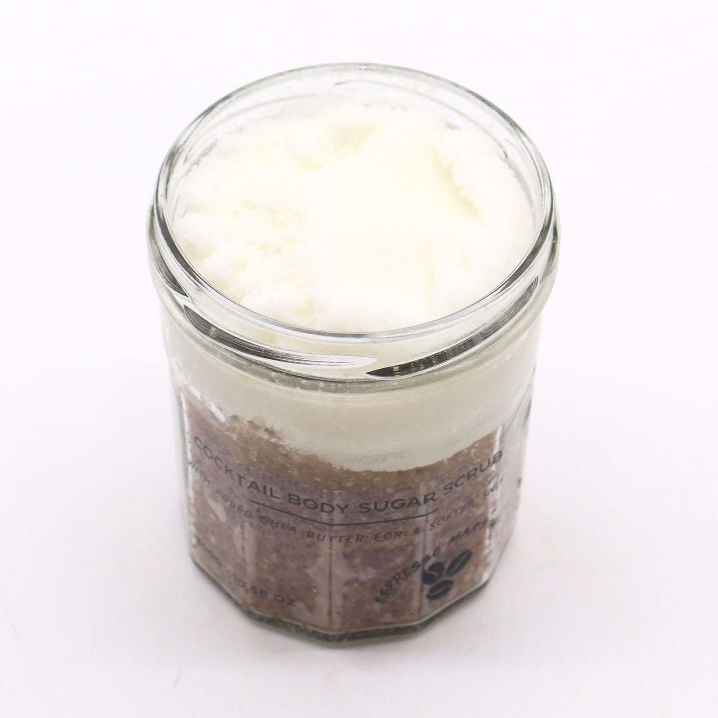 Fragranced sugar body scrub in glass jar labeled Espresso Martini 300g