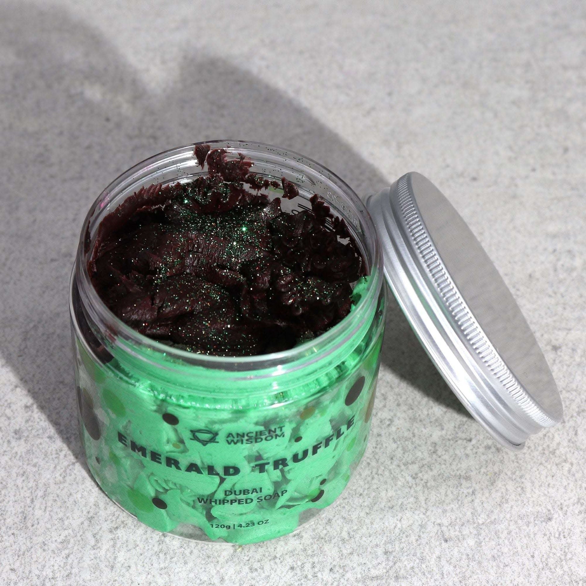 Dubai Whipped Soap Emerald Truffle in open jar showing rich dark whipped texture with green glitter on top