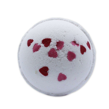 Love Hearts Bath Bomb with red heart decorations for wild flower scent