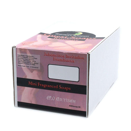 Box of raspberry scented heart guest soaps, small and colorful, SLS and paraben free