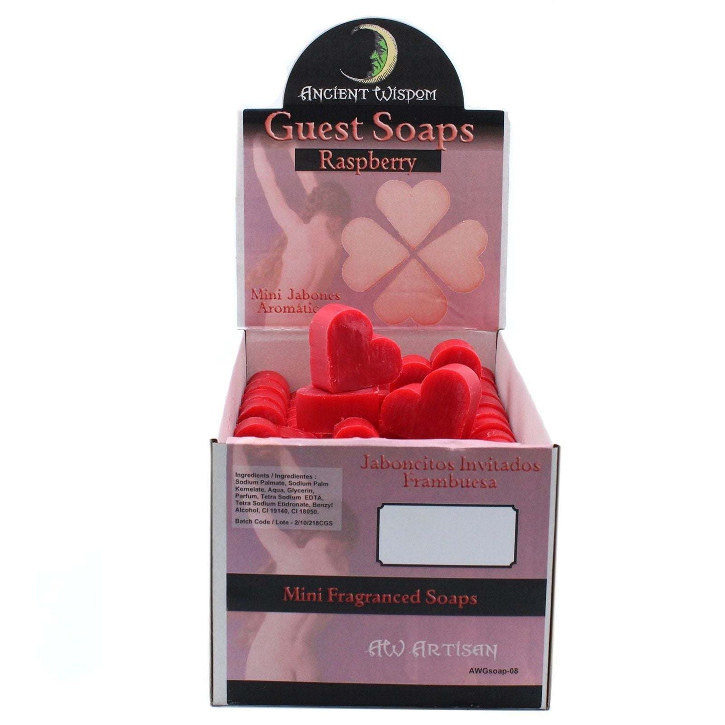 Box of raspberry scented heart guest soaps, SLS and paraben free, colorful and compact.