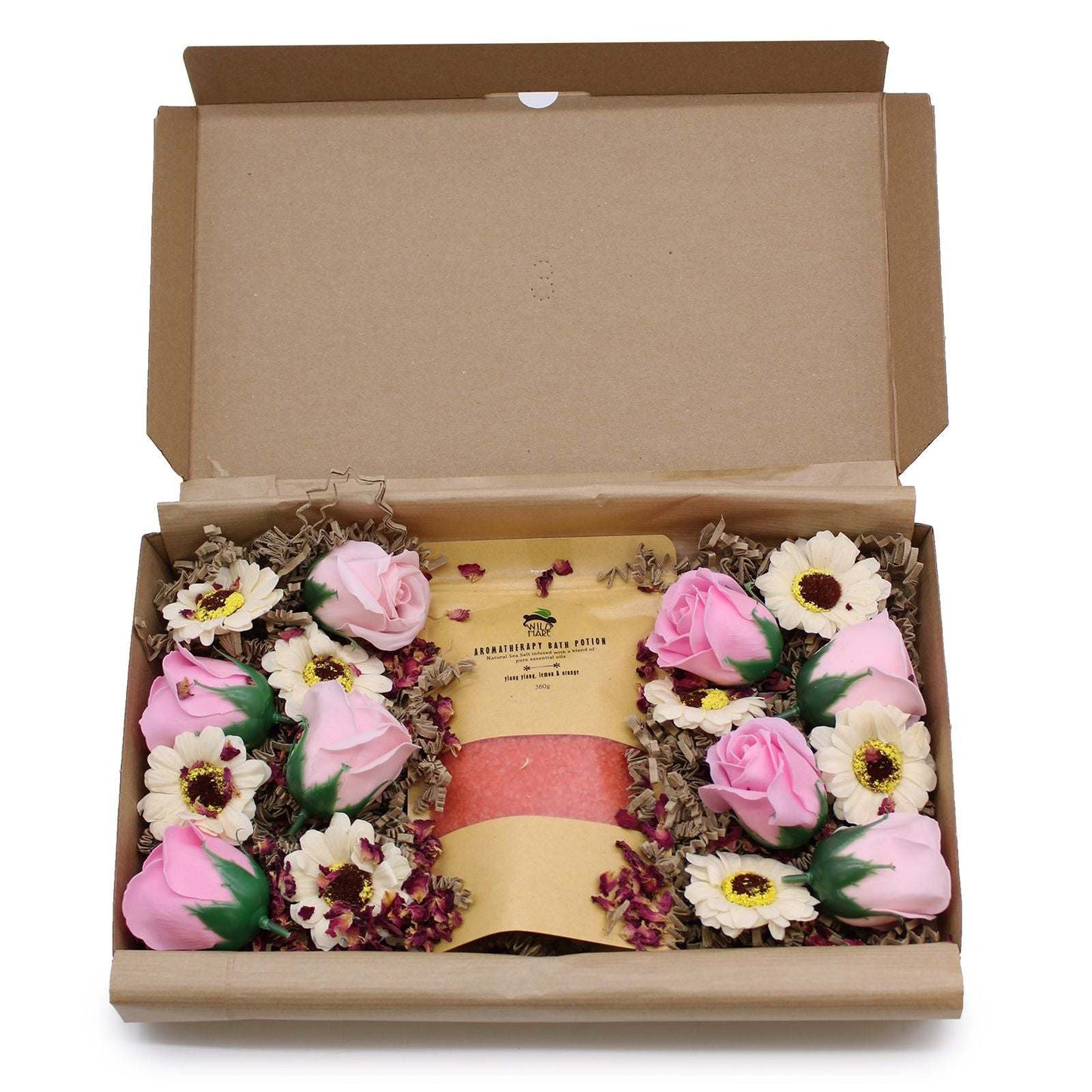 Salt Soak Set with pink roses and white flowers in a gift box for luxurious bath relaxation