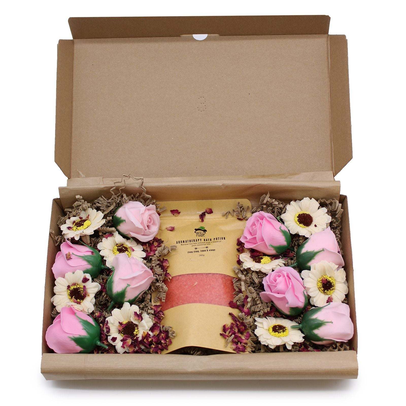 Salt Soak Set with pink roses and white flowers in a gift box for luxurious bath relaxation