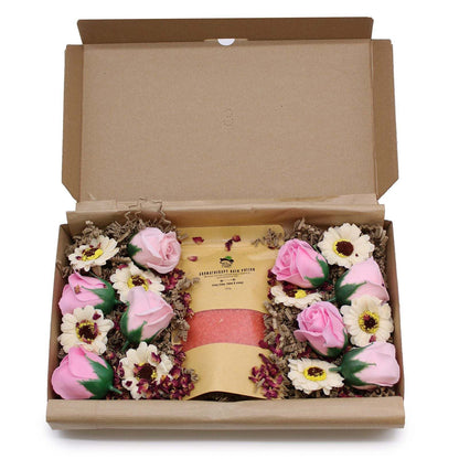 Salt Soak Set with pink roses and white flowers in a gift box for luxurious bath relaxation
