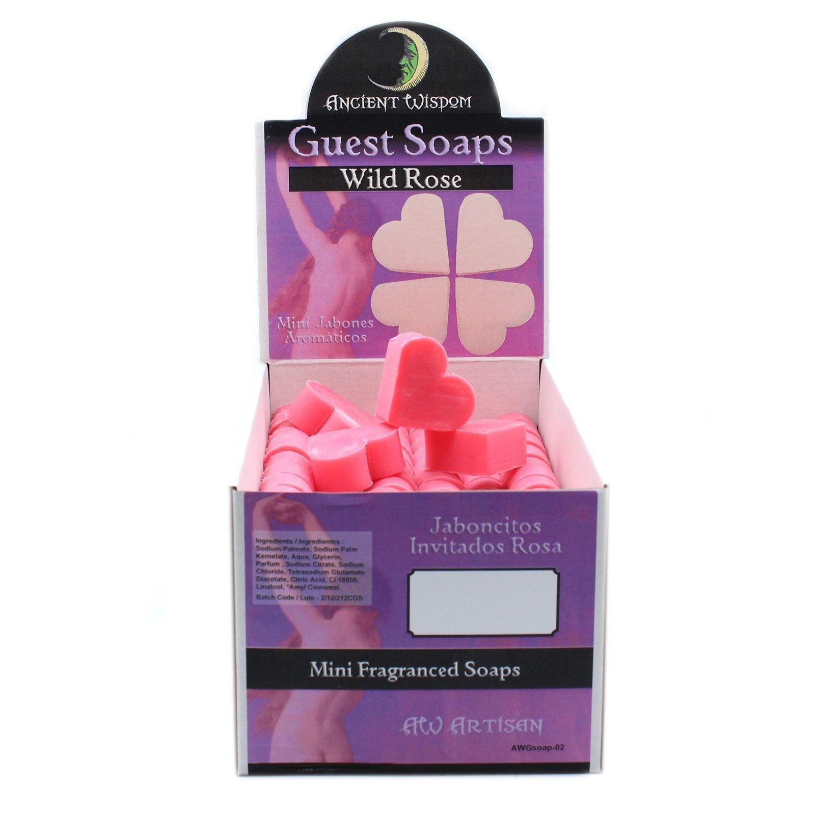 Heart shaped wild rose guest soaps in pink display box, SLS and paraben free mini fragranced soaps