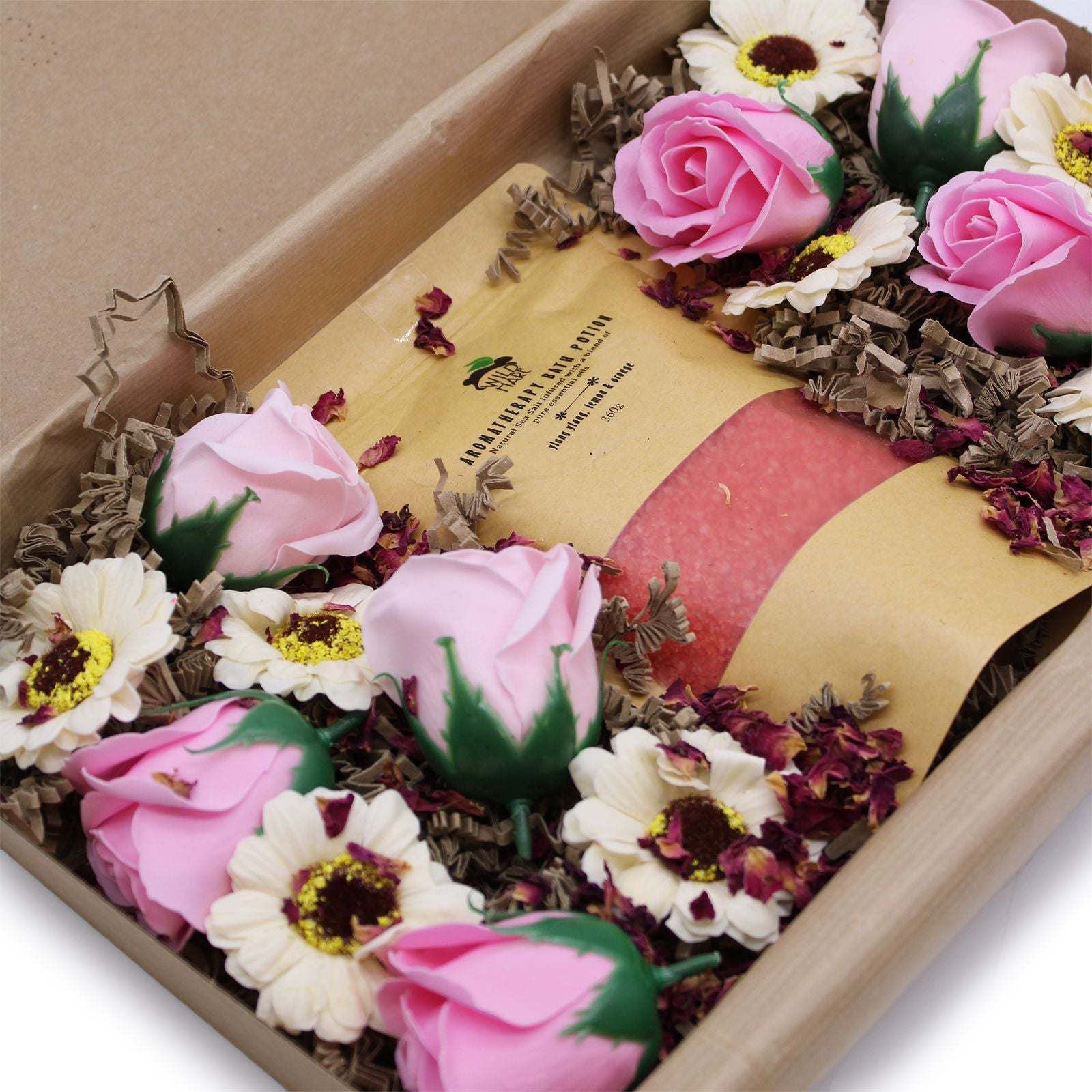 Salt Soak Set with pink rose and white daisy flowers in gift box