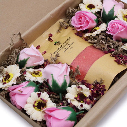 Salt Soak Set with pink rose and white daisy flowers in gift box