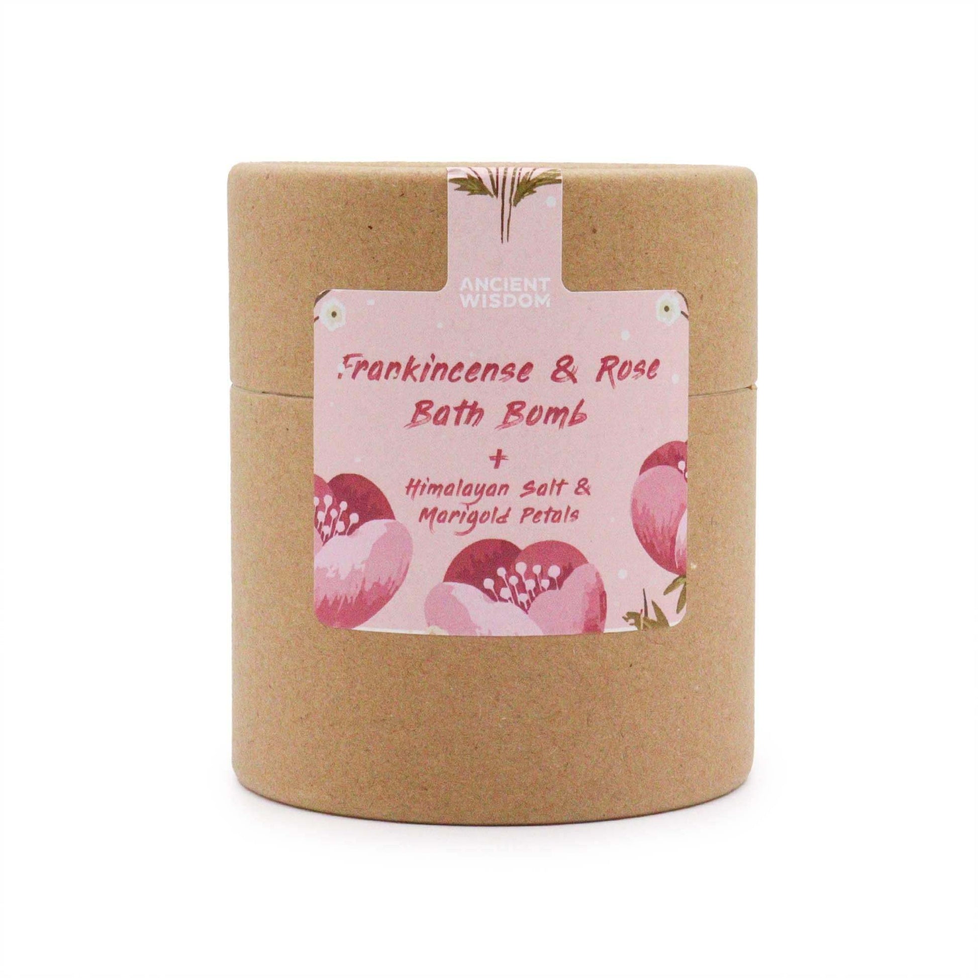Blooming Pink Bliss Frankincense and Rose Bath Bomb with Himalayan Salt and Marigold Petals in eco-friendly packaging