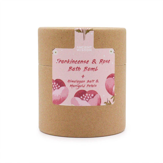 Blooming Pink Bliss Frankincense and Rose Bath Bomb with Himalayan Salt and Marigold Petals in eco-friendly packaging