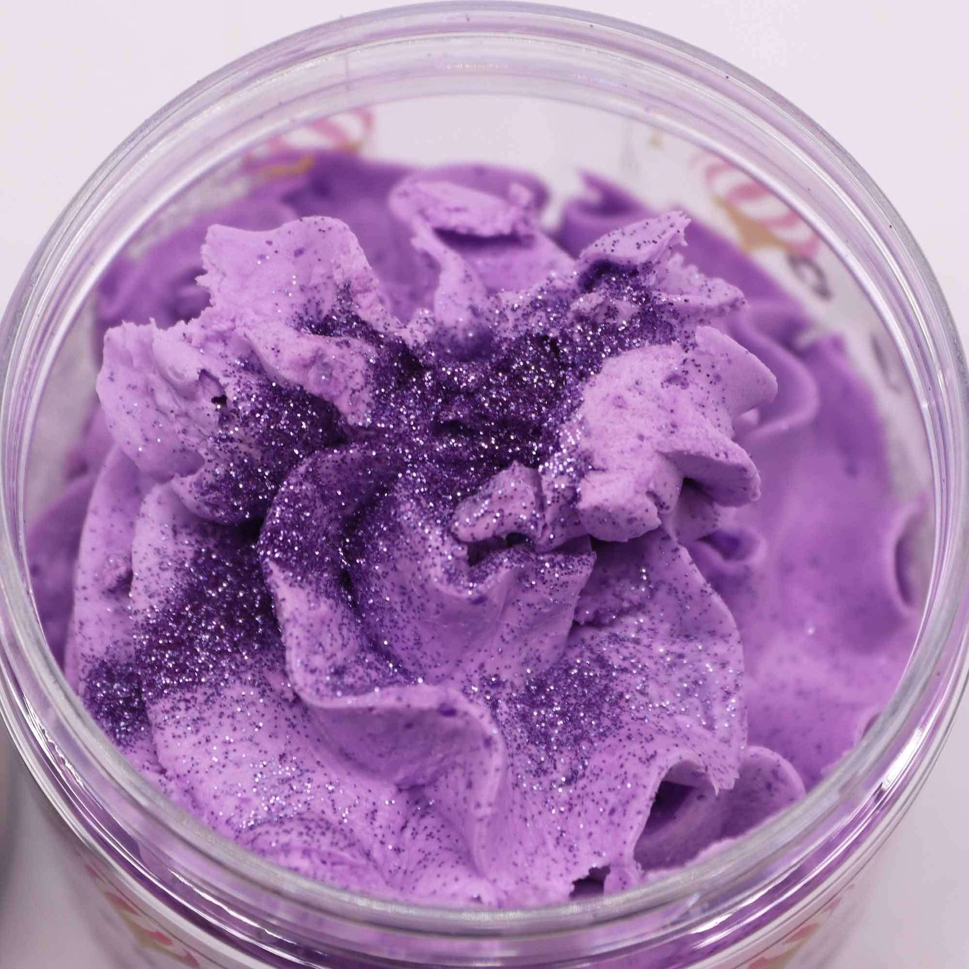 Frosted Sugar Plum Whipped Soap 120g with purple glittery whipped texture in jar