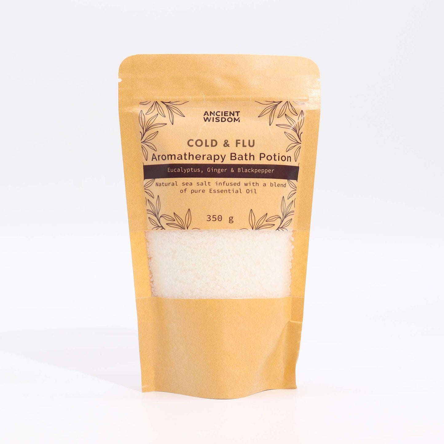Aromatherapy bath potion in kraft bag with eucalyptus, ginger, and black pepper for cold and flu relief, 350g.