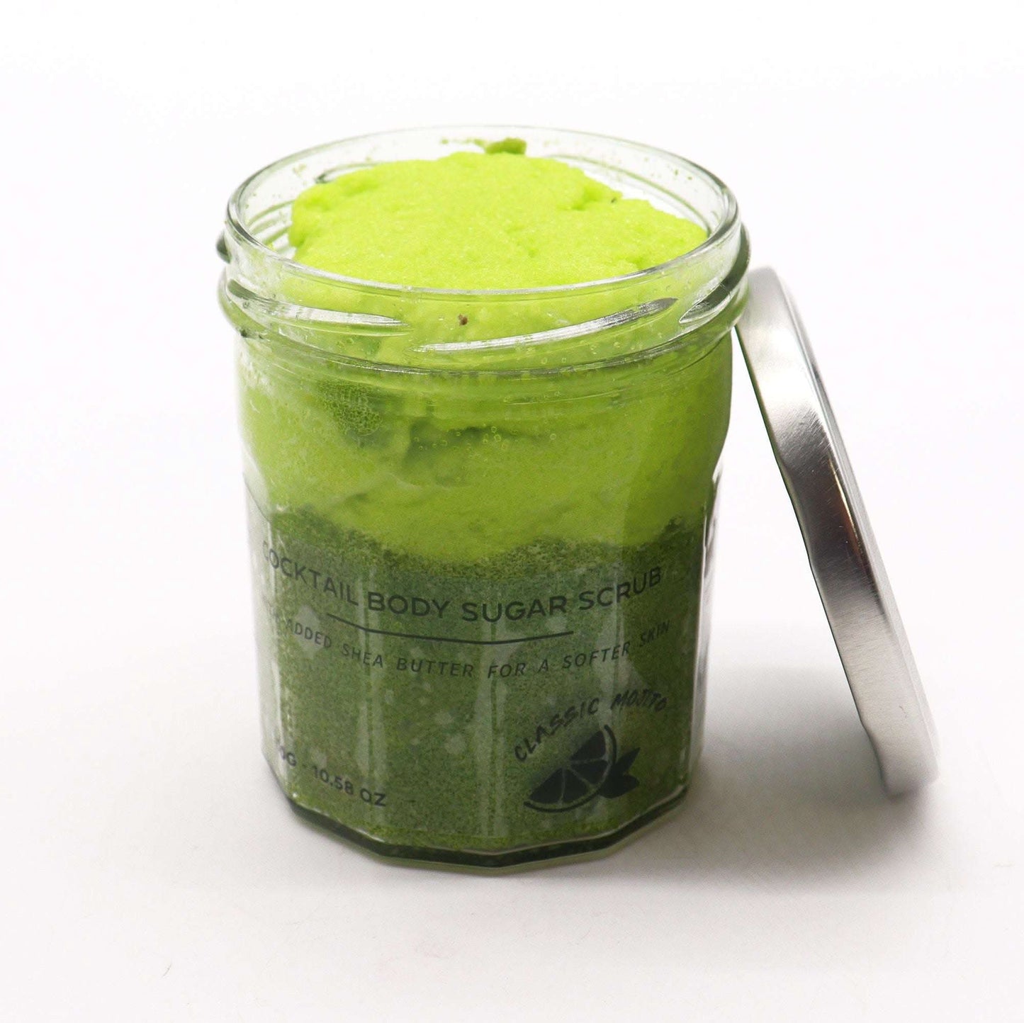 Fragranced sugar body scrub Classic Mojito in 300g jar with vibrant green color and silver lid