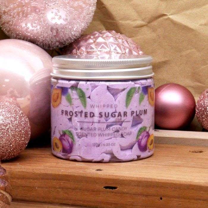 Frosted Sugar Plum Whipped Soap 120g jar with plum design surrounded by pink glittery ornaments