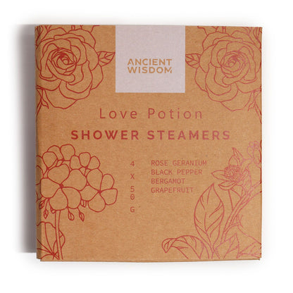 Zen Shower Steamers Love Potion gift set with natural essential oils and floral design packaging