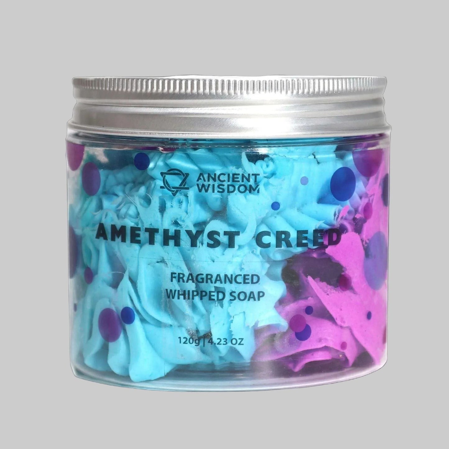 Amethyst Creed Whipped Soap 120g in purple and blue swirls with silver lid for gentle masculine skincare.