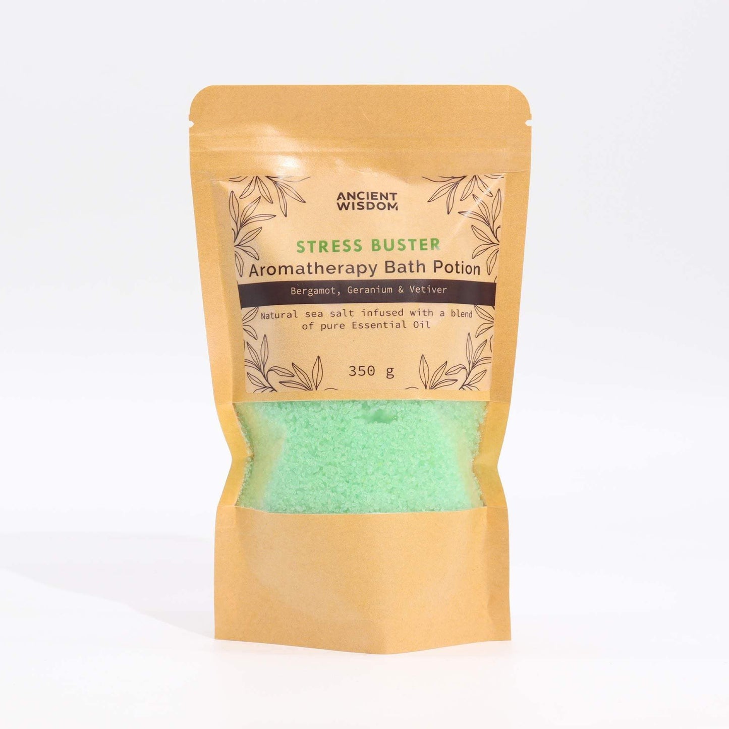Aromatherapy Bath Potion Stress Buster in kraft bag with bergamot, geranium, vetiver essential oils and sea salt 350g