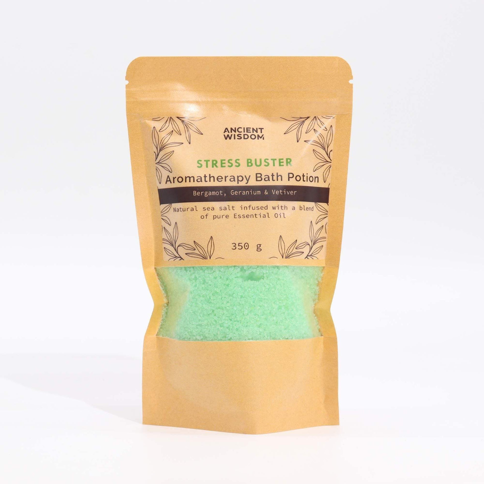 Aromatherapy Bath Potion Stress Buster in kraft bag with bergamot, geranium, vetiver essential oils and sea salt 350g