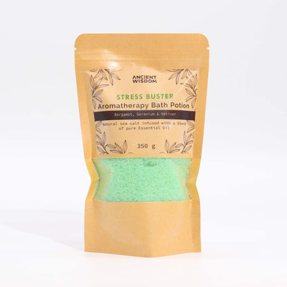 Aromatherapy Bath Potion Stress Buster in kraft bag with bergamot, geranium, vetiver essential oils and sea salt 350g